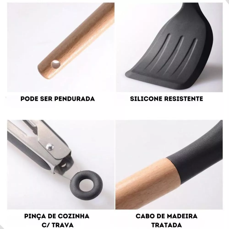 Kit Utensílios de Cozinha 12Pçs - Silicone e Cabo de Madeira