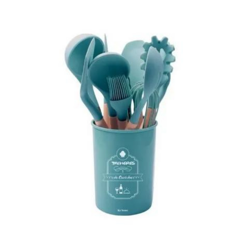 Kit Utensílios de Cozinha 12Pçs - Silicone e Cabo de Madeira