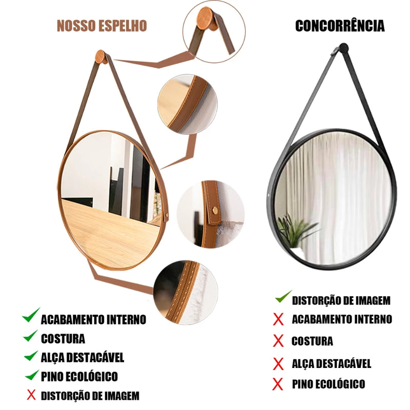 Espelho redondo Adnet 33 cm com alça de couro - Decorativo e sofisticado