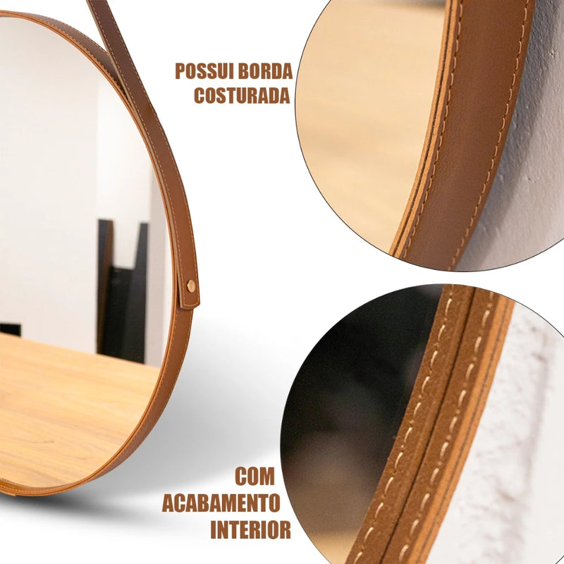 Espelho redondo Adnet 33 cm com alça de couro - Decorativo e sofisticado