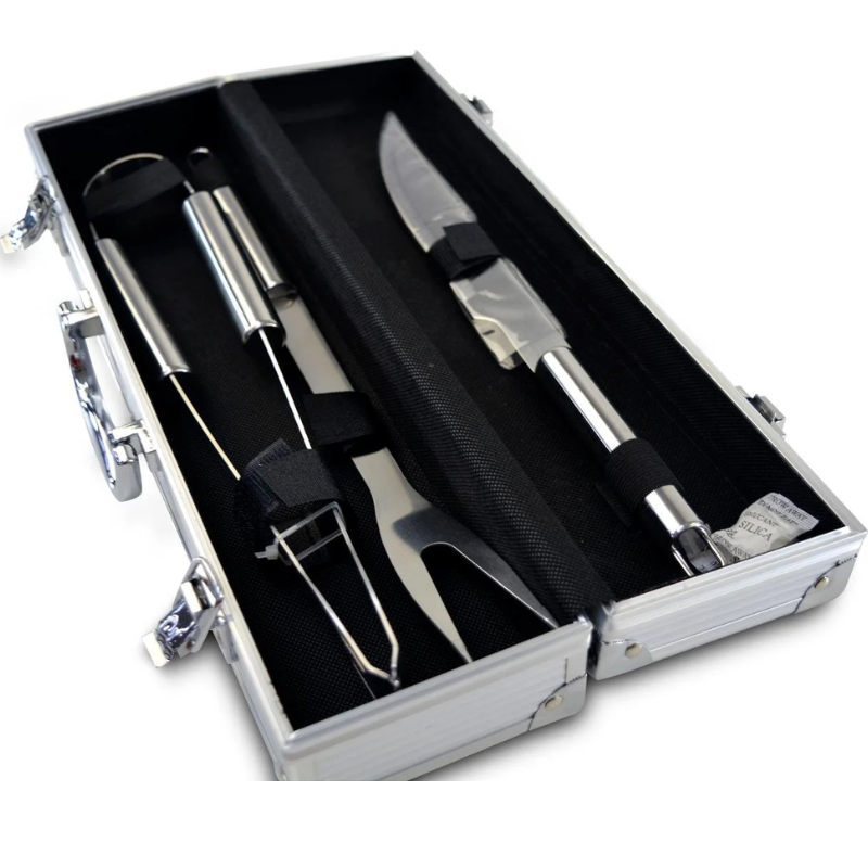 Maleta com Kit Churrasco De Aço Inox com 3 Peças Profissionais